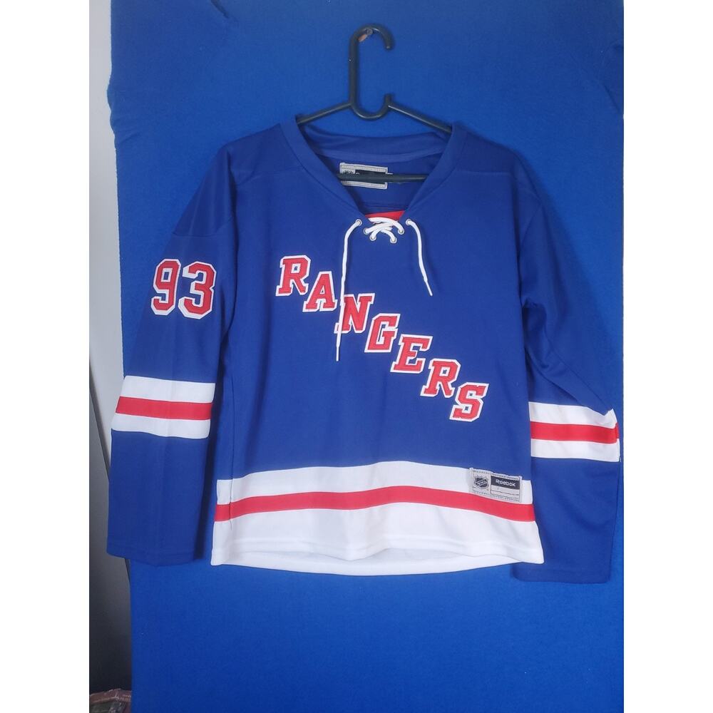 Reebok NY Rangers Mika Zibanejad 93 Blue Lace Up Hockey Jersey Women Size Large - Picture 14 of 16